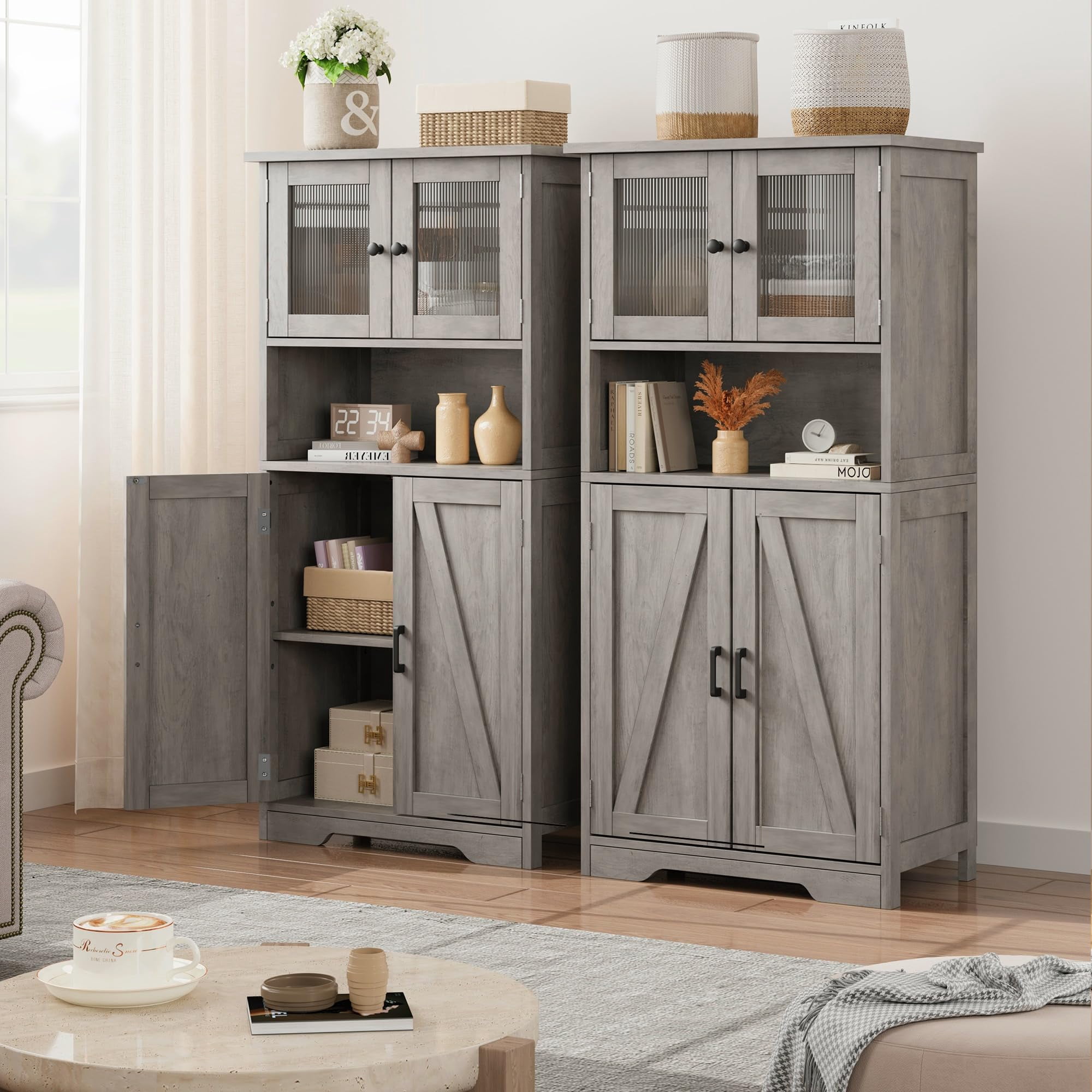 50" Tall Bathroom Cabinet, Freestanding Bathroom Storage Cabinet with 4 Doors and Adjustable Shelves, Cupboard Modern Storage Cabinet for Kitchen, Pantry, Living Room, Rustic Gray