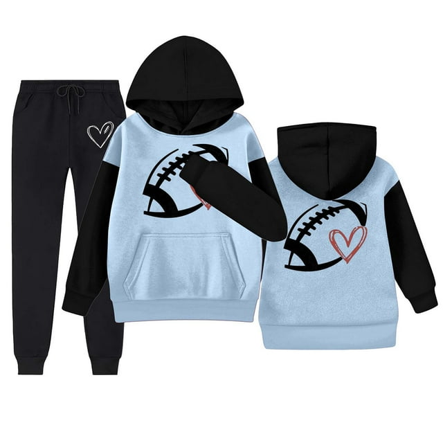 MEZZALL Ensemble Mignon pour Tout-Petits Filles Printemps Lettre Imprimée Poche Col Rond Manches Longues Pantalon Chandail en Molleton Chandail à Capuchon Chandail Haut Ensemble Vêtements Quotidiens, Bleu Clair, 8-9 Ans