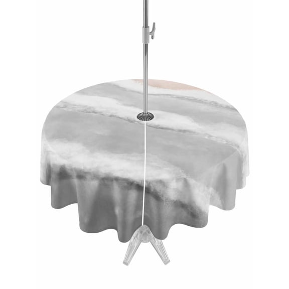 Outdoor Tablecloth with Umbrella Hole & Zipper, Grey Beach Coastal Round Tablecloth 60 Inch, Summer Nautical Seaside Ocean Beige Patio Table Cover Waterproof Table Cloth for Picnic/Party