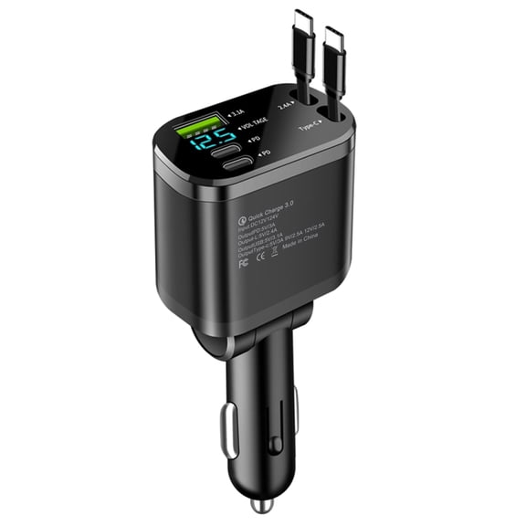 JcBlaon Retractable Car Charger M4, 5-in-1 Fast 66W 2 USB C, Compatible with iPhone Android, 1-Pack, 6.1" x 2.5" x 1.3"