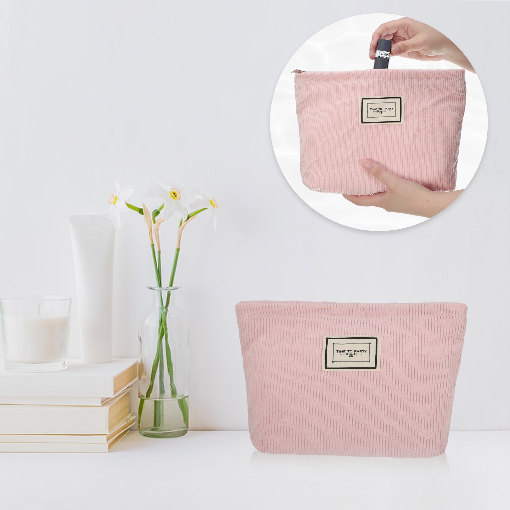 Unique Bargains Corduroy Makeup Bags Corduroy Cosmetic Bag Zipper Women Makeup Pouch Pink
