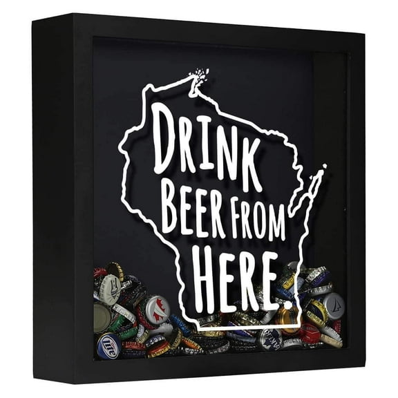Torched Wisconsin Drink Beer Shadow Box Wall Mount Decor 13"x13"x3" Black