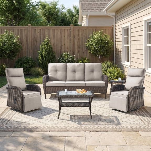 Gymojoy 5-Piece Patio Furniture Set with Swivel Recliner Chairs, Sofa and Coffee Table, Outdoor Wicker Patio Conversation Set with Adjustable Backrest & Footrest
