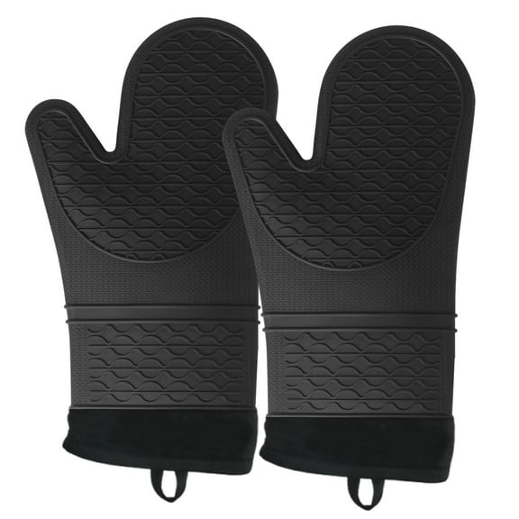KitGody Heat and Slip Resistant Silicone Oven Mitts, Waterproof, Cotton-Lined Mitt Set of 2, 14 IN, Black