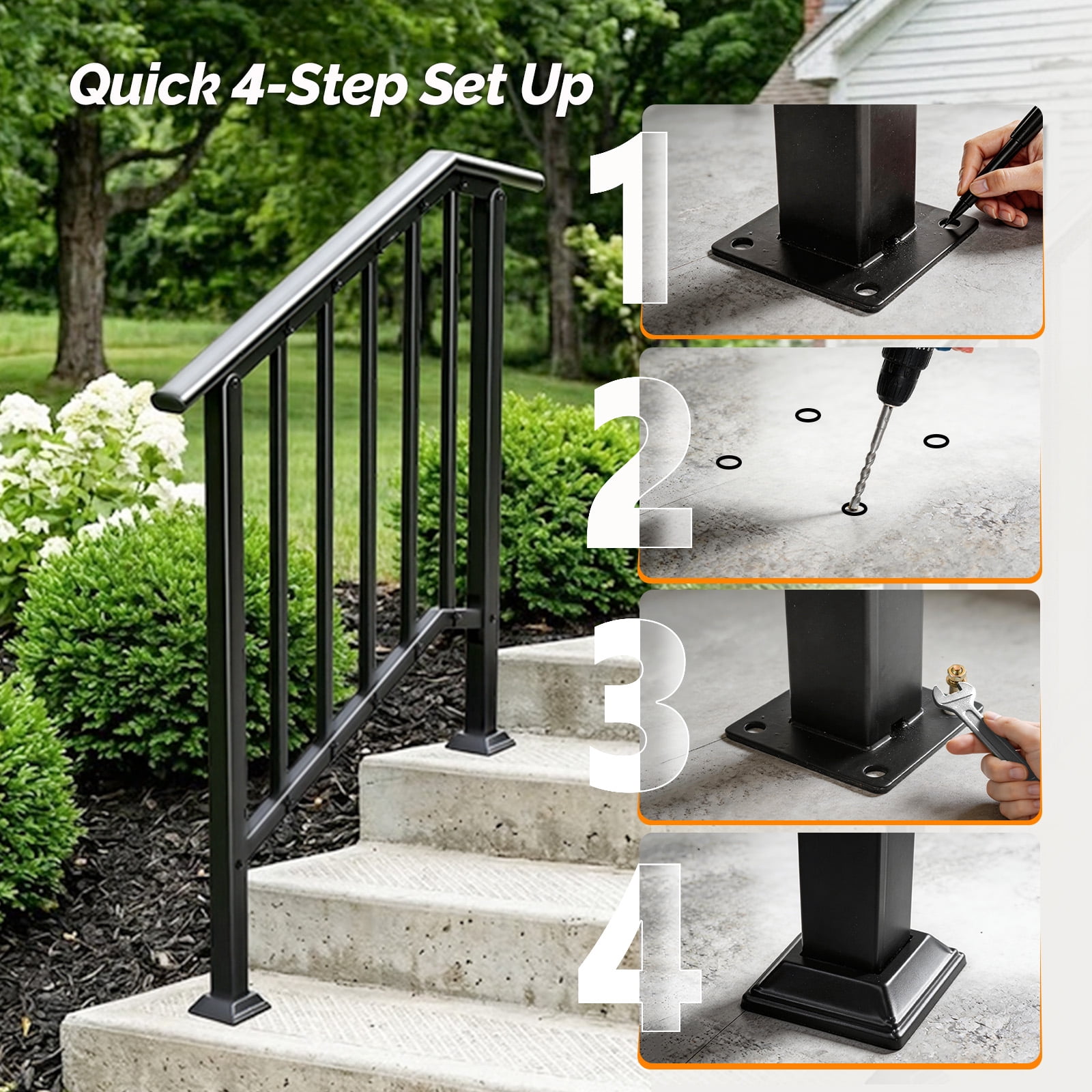 Handrails for Outdoor Steps Fits 2 to 3 Steps