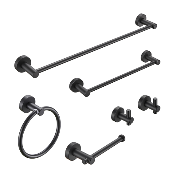 Tcbosik Bathroom Hardware 6pcs/Set, Round Towel Holder, Aluminum Toilet Paper Holder, 2 Wall-Mounted Hooks, 2 Thicken Metal Towel Bars, Black