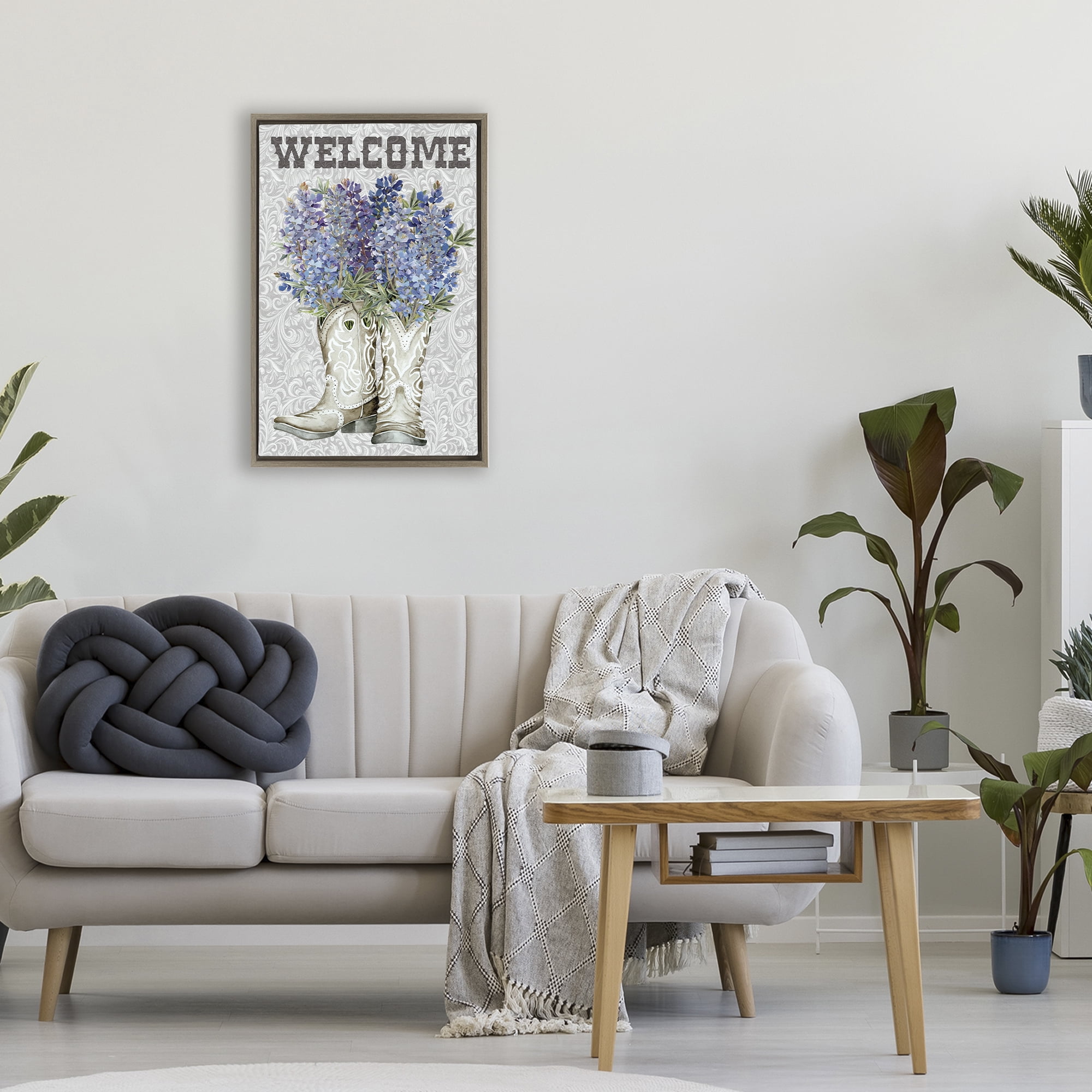 Stupell Industries Welcome Bluebonnet on Paisley Brown Framed Floater Canvas Wall Art, design by Cindy Jacobs