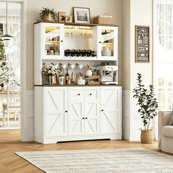 Frmobepts 68" Tall Kitchen Pantry Cabinet with LED Light & Charging Station, Modern Kitchen Hutch with Microwave Stand and Wine Racks, Large Food Pantry Storage Cabinet with Glass Doors, White