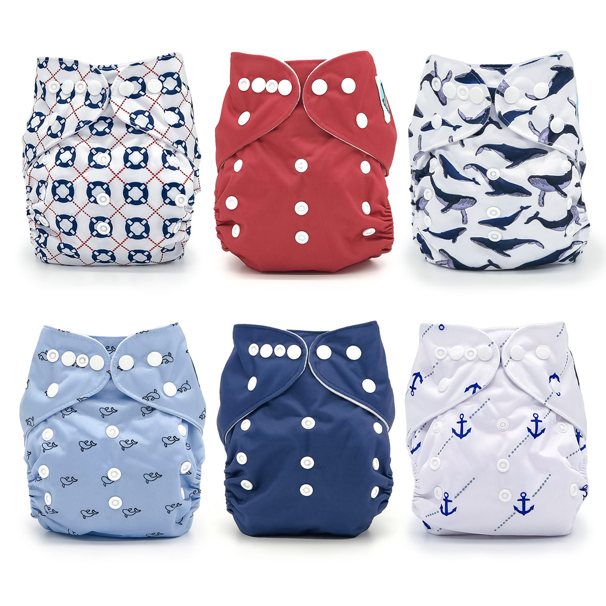 Yachtsman Collection, 6 Pocket Cloth Diapers for Babies in Red, White and Blue Nautical Patterns + 6 Cloth Diaper Inserts | Bubble Butt Baby