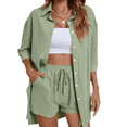 thumbnail image 2 of LYMAYTER Women Casual Outfits Linen Cotton Lapel Shirts Drawstring Shorts Lounge for Tracksuit Set XS-XL, 2 of 9