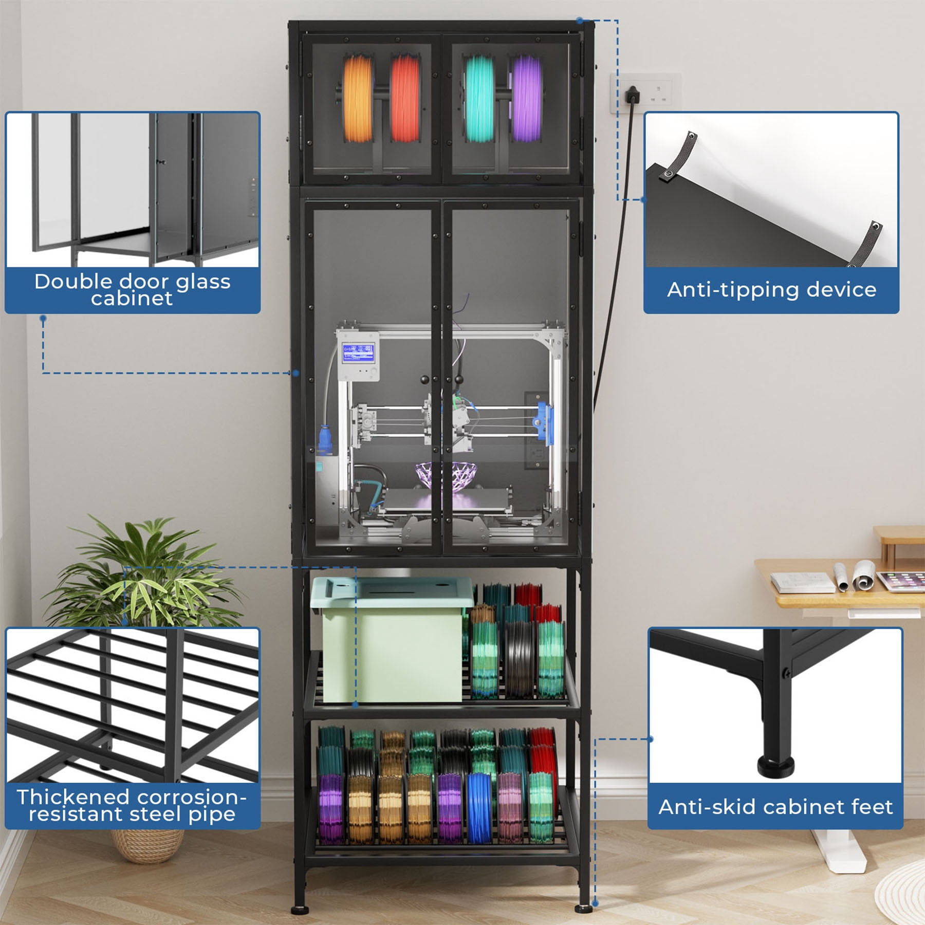 S-HOME Black 3D Printer Cabinet with Double Layer Filament Storage Rack and Noise-Reducing Design, for Studio and Office Use