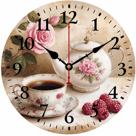 9.84 Inch Vintage Floral Wall Clock, Farmhouse Kitchen Decor Clock with Rose Tea Cup Design, Retro Shabby Chic Round Wall Clock for Living Room, Bedroom, Dining Room, Office