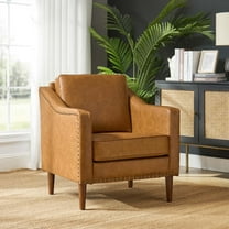 Upholstered Accent Chair Faux Leather Armchair Removable Cushion Lounge Sofa Nailhead Solid Wood Legs Living Room Camel