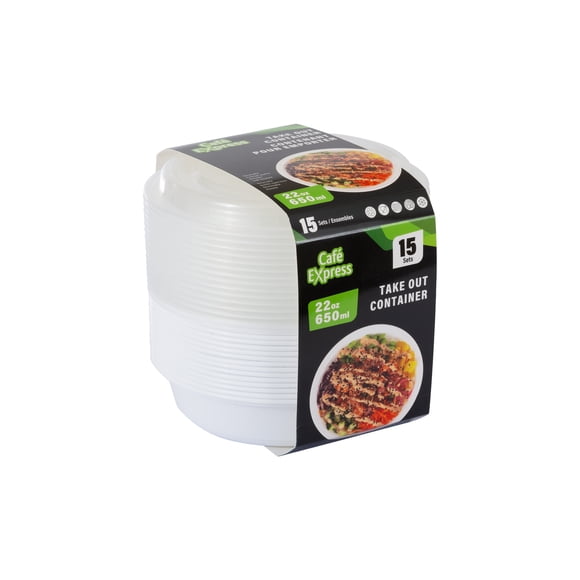 Café Express Round Food Storage Take Out Containers with Lids, 650 ml, 15 Sets