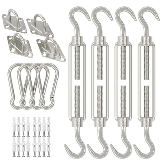 Shade Sail Hardware Kit, 6 Inch Outdoor Sun Sail Accessories, 304 Stainless Steel Turnbuckles & Brackets for Triangle/Rectangle Sails, Heavy Duty Awning Attachment Set (44 Pcs)