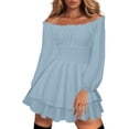 thumbnail image 2 of Women's Off Shoulder Flowy Corset Mini Dress Smocked Ruffle Romper Y2k Swing Fairy Short Dresses, 2 of 6