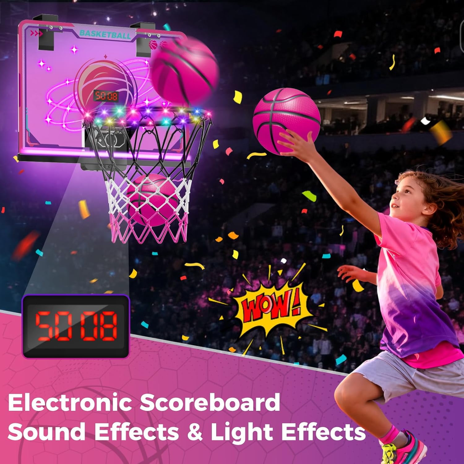 TERRAMUS LED Basketball Hoop,Indoor Basketball Set with 7 Color Lights, Glowing Rim, Scoreboard, Remote Controller, and Sports Toy for Girls Boys Ages 5-12+