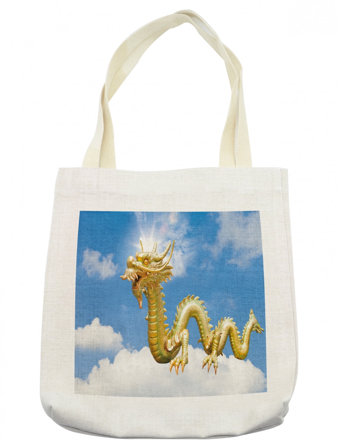Dragon Tote Bag, Traditional Chinese Dragon Hovering in the Cloudy Blue Sky Culturalism Print
