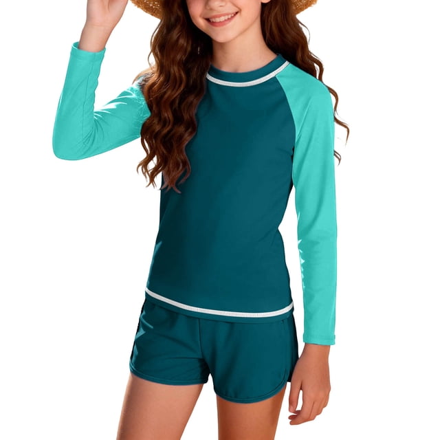 Girls Swimsuit Tankini Bathing Suit Long Sleeve Swim Top with Boyshorts Quickly Dry Modest Girls' Rash Guard Sets with Padding for 12-16 Years