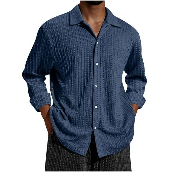Fnooota Mens Casual Button Down Shirts, Lightweight Work Fall Collared Long Sleeve Shirts Navy Size S-2XL