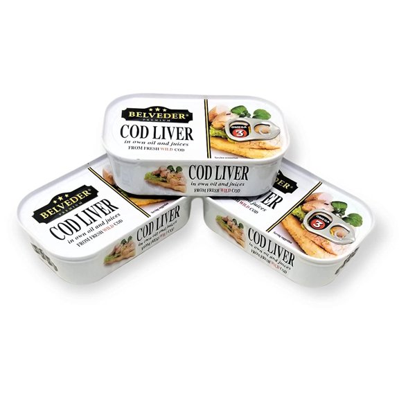 Belveder Premium Wild Cod Liver in Own Oil from Iceland 120g/4.2 Oz | Natural Source of Omega-3 Fatty Acids (Pack of 3)