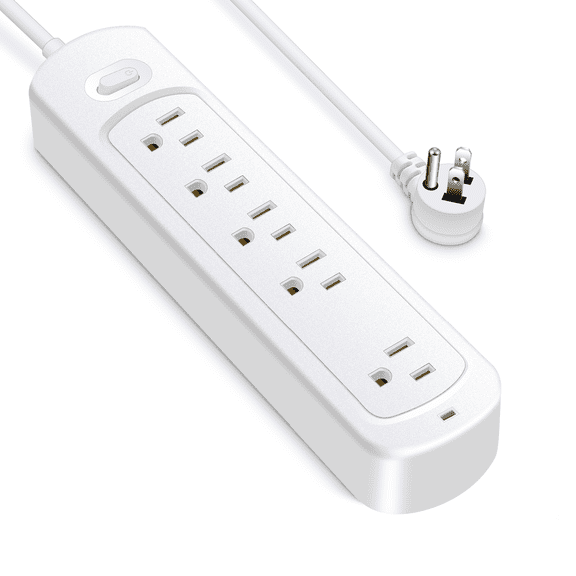 5-Outlet Surge Protector Power Strip, 1700J Surge Protection, Wall-Mountable with 4 ft Flat Plug Cord, Widely Spaced AC Outlets, White
