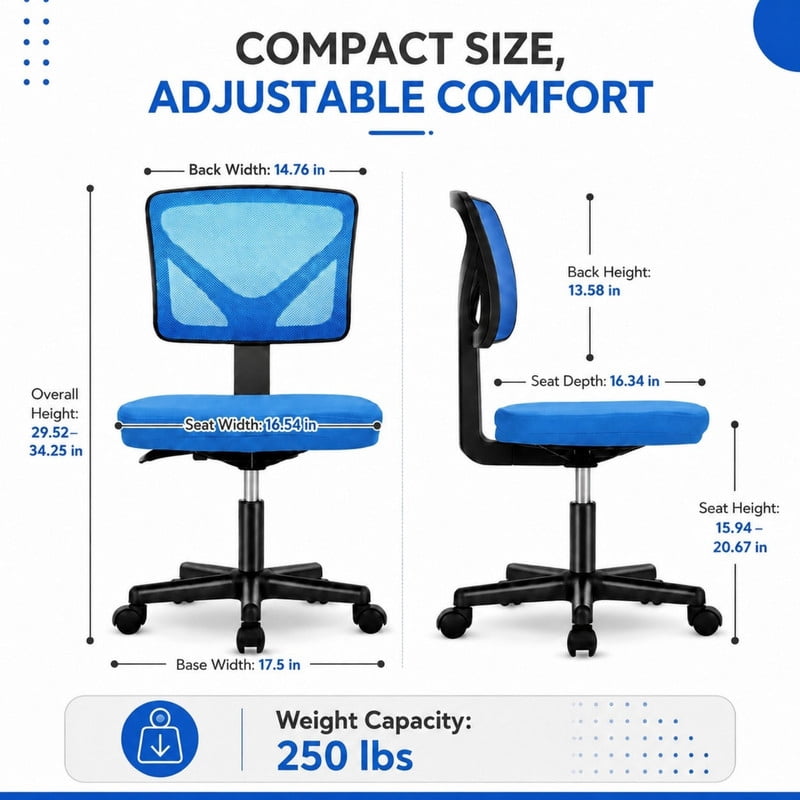 BEAUTYPEAK Desk Chair with Y-Shaped Lumbar Support Adjustable Armless Mesh Office Chair with Wheels for Home Office, Blue
