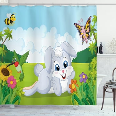 Ambesonne Rabbit Shower Curtain, Rabbits Grass Bees, 69"Wx70"L, Multicolor