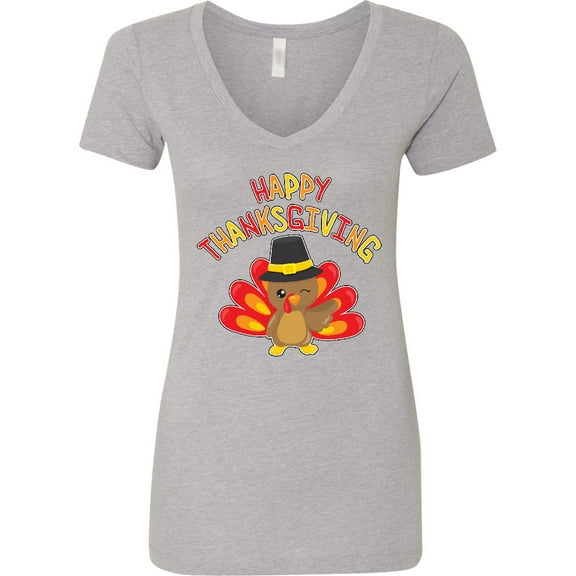 Inktastic Happy Thanksgiving Cute Turkey in Pilgrim Hat Women's V-Neck T-Shirt