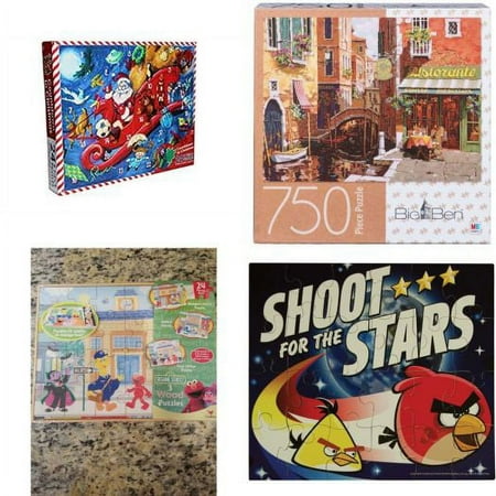 Assorted Puzzles 4 Pack Bundle: Cardinal Puzzle Advent Calendar - Santas Crazy Flight, Big Ben 750-Piece Adult Jigsaw Puzzle Rendezvous in Venice, 2012 Sesame Street 3 Pack Wood Memory Match Games in