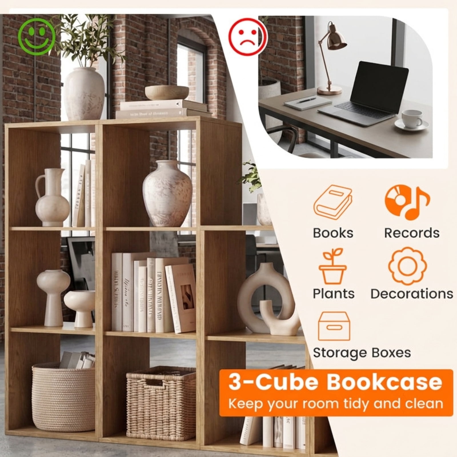 Furnibear 3-Cube Bookshelf with Back Guardrail Reinforced Crossbar and Anti-Tipping Kits for Living Room and Bedroom Books and Storage Boxes, Natural