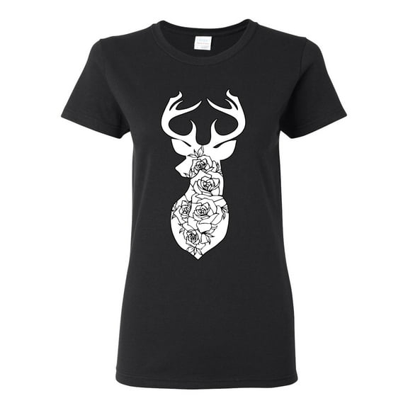 Deer Rose Animal Lover Womens Graphic T-Shirt, Black, Small