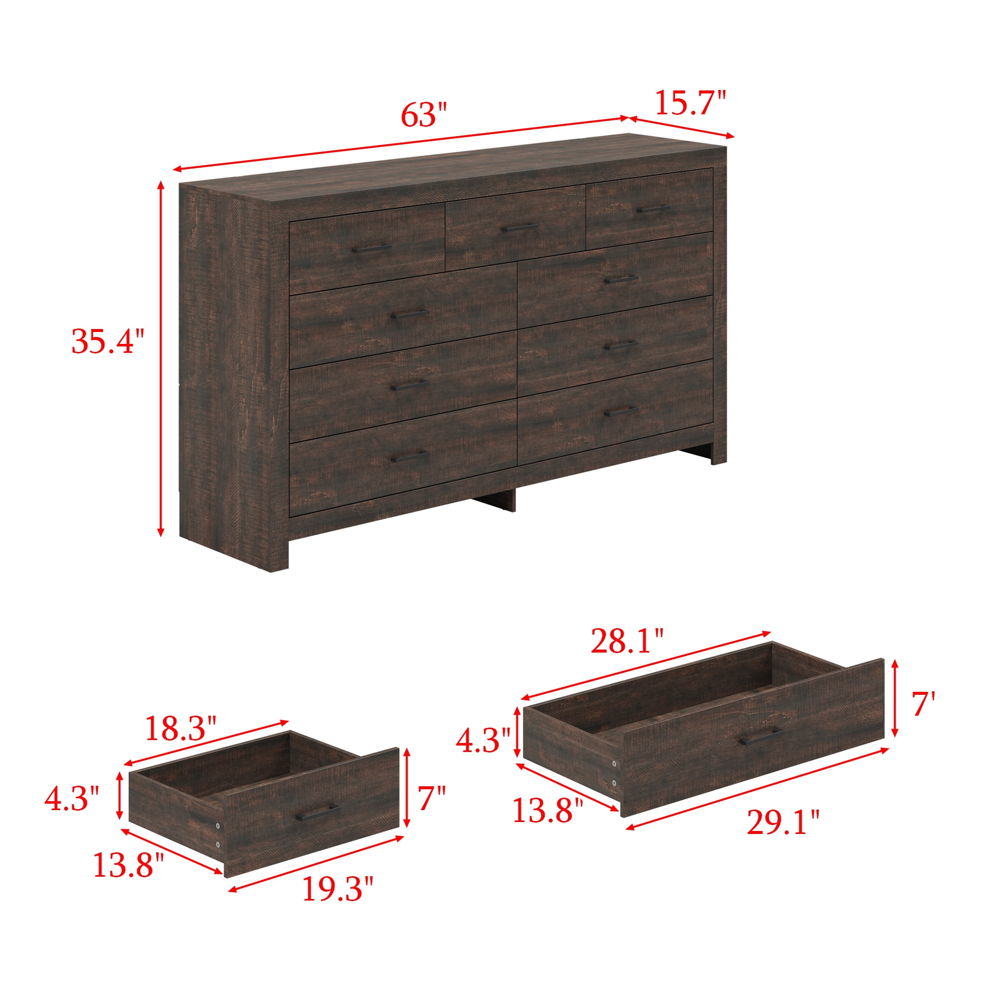 KULAGAGA 9 Drawer Dresser for Bedroom, Wide Dresser with Drawer Organizer, Wood Grain Chest of Drawers, 63" W Chests Organizer with Easy Pull Handles for Living Room, Entryway, Brown