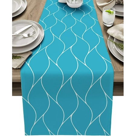 

Navy Blue Wave Stripe Linen Table Runners Dresser Scarves Decor Washable Table Runners for Dining Table Wedding Decorations -72x13 inches