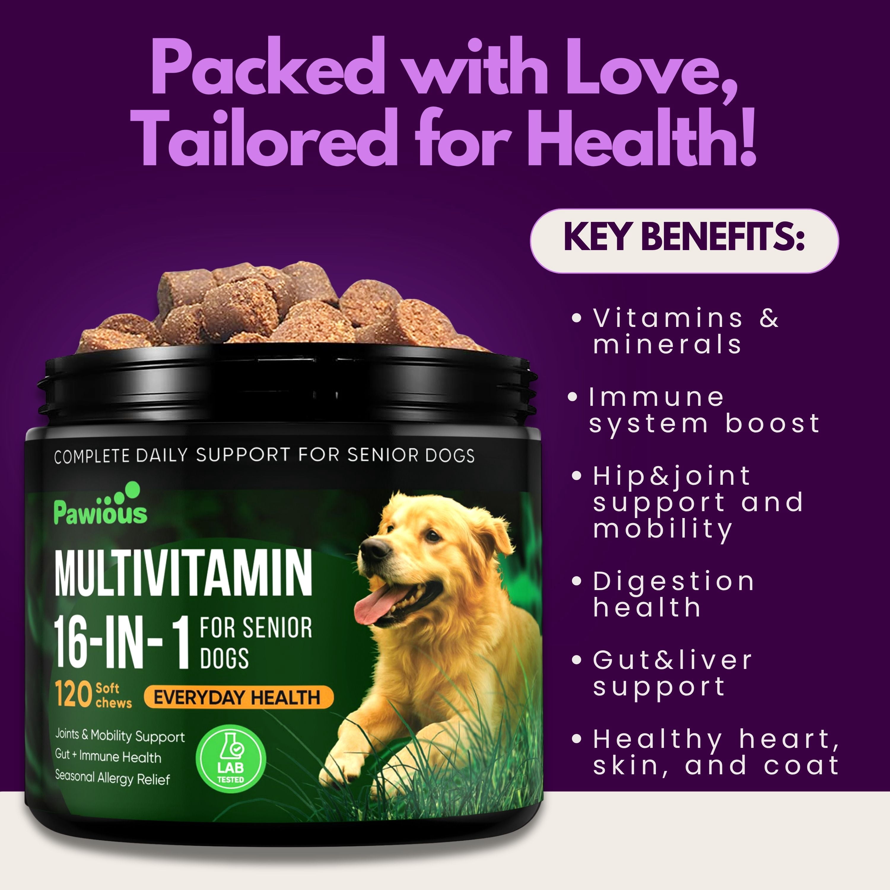 Pawious Multivitamin for Dogs, Hip and Joint Support, Chicken Flavor, 9 oz, 120 ct.