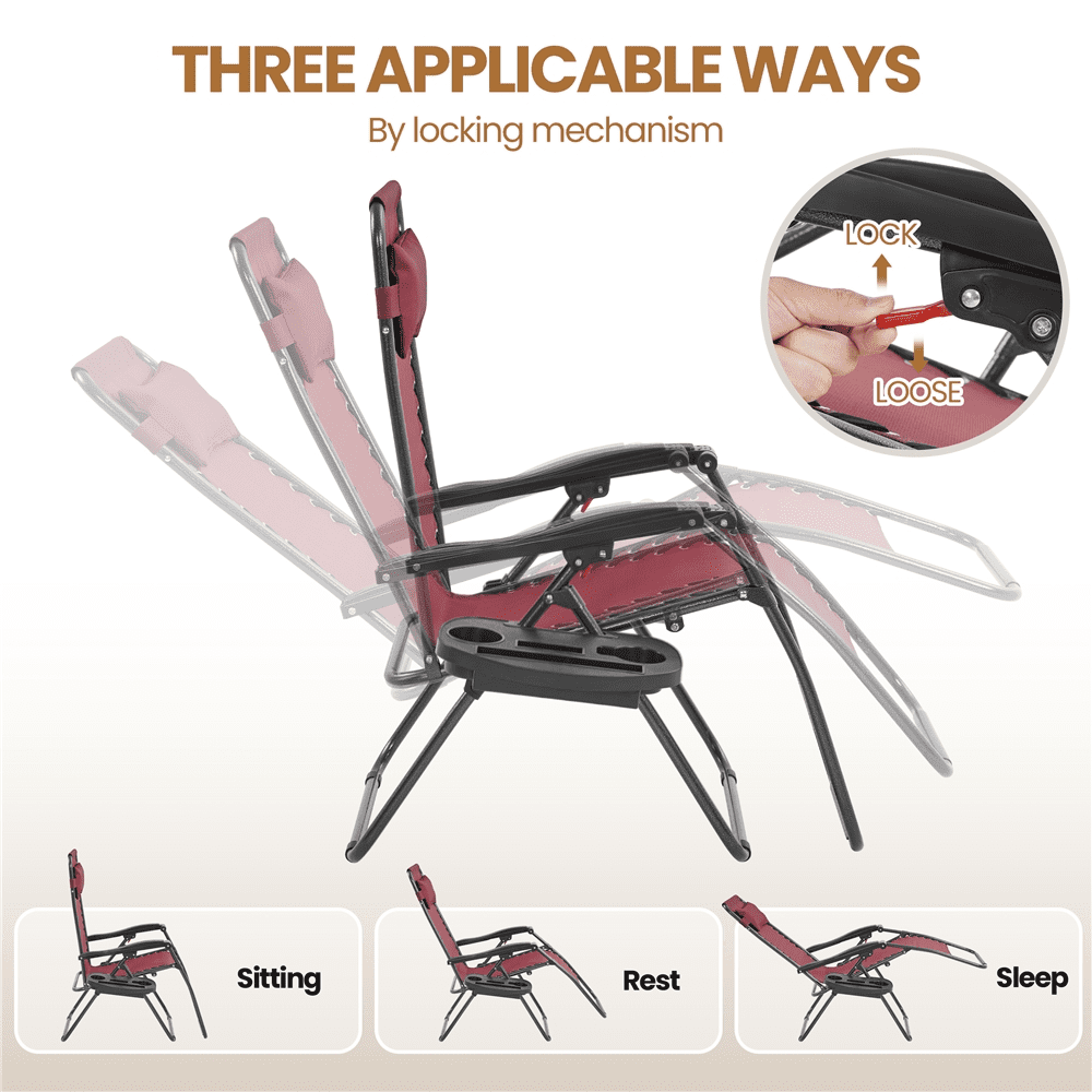 Alden Design 2pcs 26in Foldable Outdoor Zero Gravity Chair with Cupholder/Pillow, Burgundy