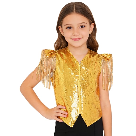 TiaoBug Kids Hip Hop Jazz Dance Vest Sequin Fringed Party Coats Hippie 70s Disco Stage Performance Jacket Gold 10