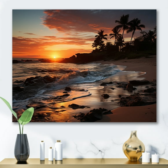 Designart Beach Wall Art, Twilight on the Dominican Coast , Coastal Beach Wall art decor, Coral Nautical & Coastal Canvas wall art, 32x16 inches