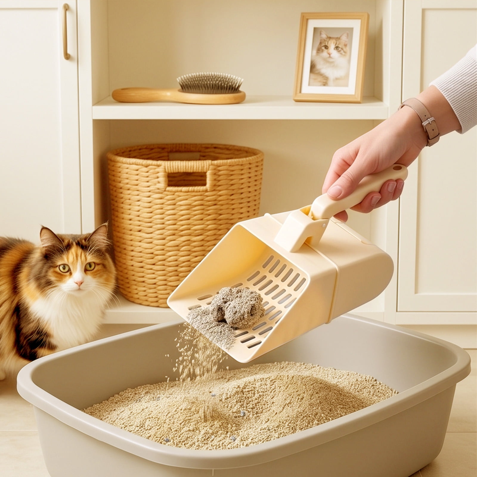 Large Integrated Kitty Litter Shovel with Waste Bag Roll 2-in-1 Sift and Store Multi Purpose Strainer for Litter Box Cleaning Odor Proof Detachable Easy Clean Portable Cat Scoop