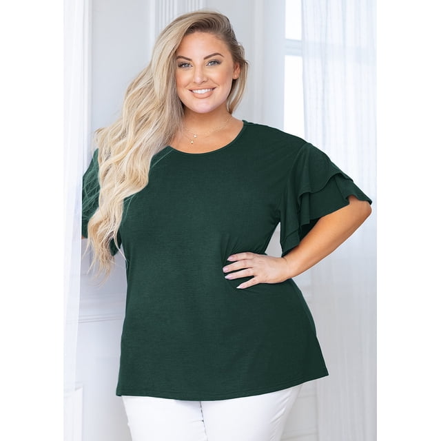 MODERN GOOSE Chemise Grande Taille pour Femmes Vert Foncé 2X Col Ras du Cou à Double Volant Manches Courtes Tunique Haut Fluide d'Été Coupe Ample Vêtements