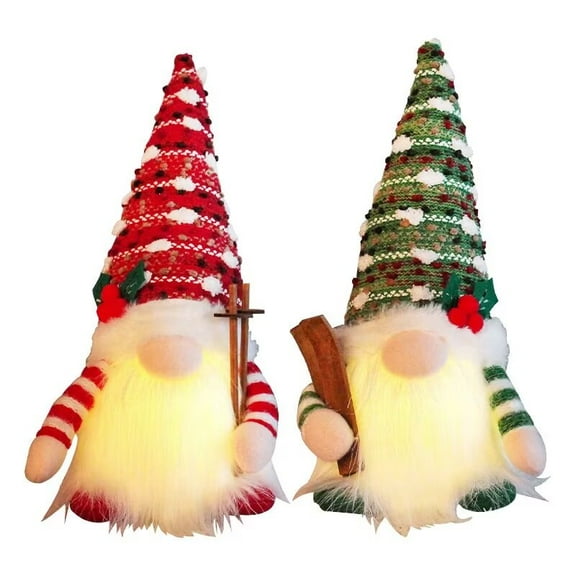 AmaMary 2Pcs Christmas Gnome Plush with LED Lighted Beard, Red and Green Hat Santa Gnome Handmade Swedish Santa Plush Elf Doll Decoration