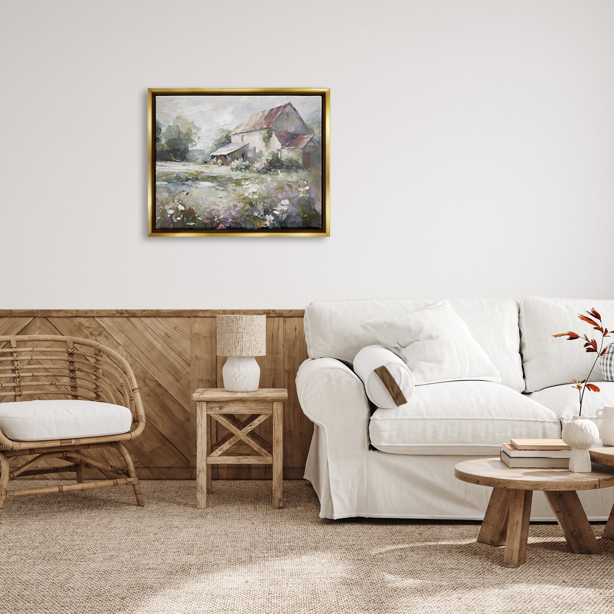 Stupell Industries Muted Cottage Meadow Landscape Painting Gold Floater Framed Canvas Art Print Wall Art, 31 x 25