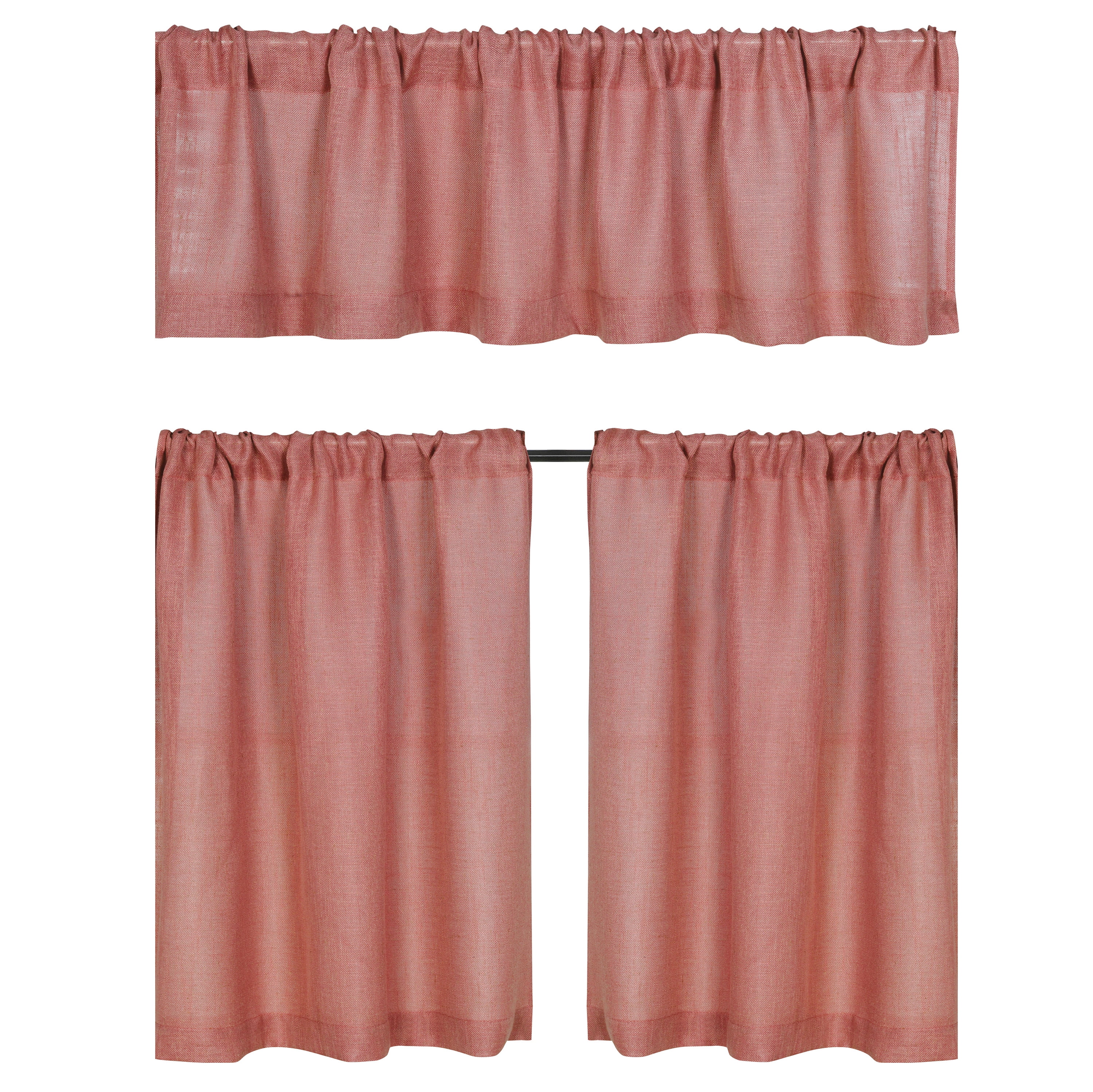 Better Homes & Gardens Linen Blend Light Filtering Rod Pocket Kitchen Curtain Tier and Valance, Set of 3, Old Rose, 60 W x 36 L
