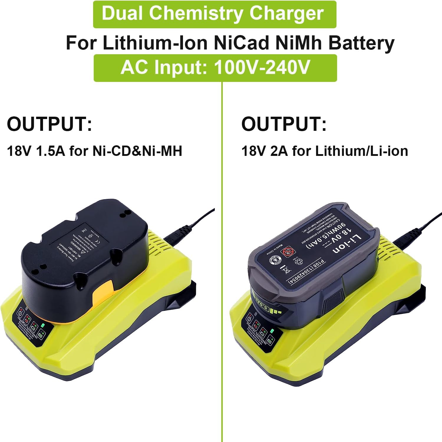 P117 Dual Chemistry Fast Charger Compatible with Ryobi 12V-18V Lithium NiCad NiMh Battery 18-Volt P102 P108 P189 P197 P103 P105 P107 P190 P191 PBP002 PBP005