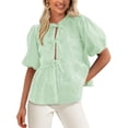 thumbnail image 1 of Blusa PRETTYGARDEN para mujer con lazo en la parte delantera a rayas verde claro, 1 of 8