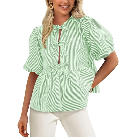 Blusa PRETTYGARDEN para mujer con lazo en la parte delantera a rayas verde claro