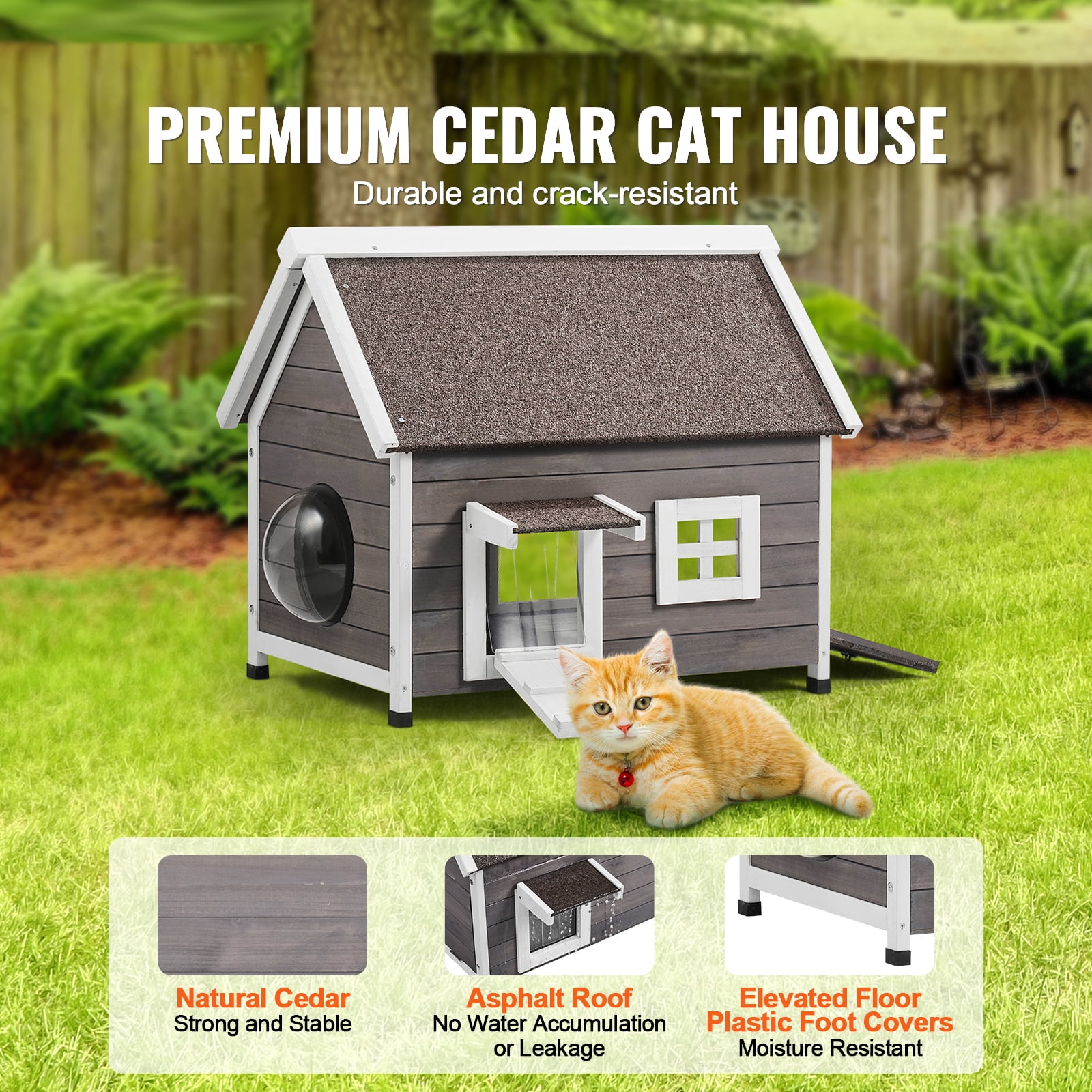KFFKFF Exterior Feline Abode, Resistant to Weather, Accommodates Numerous Cats, Outdoor Timber Feline Home with Spacious Side Entry, PVC Entry Covers, Unsealed Top and Transparent Pane