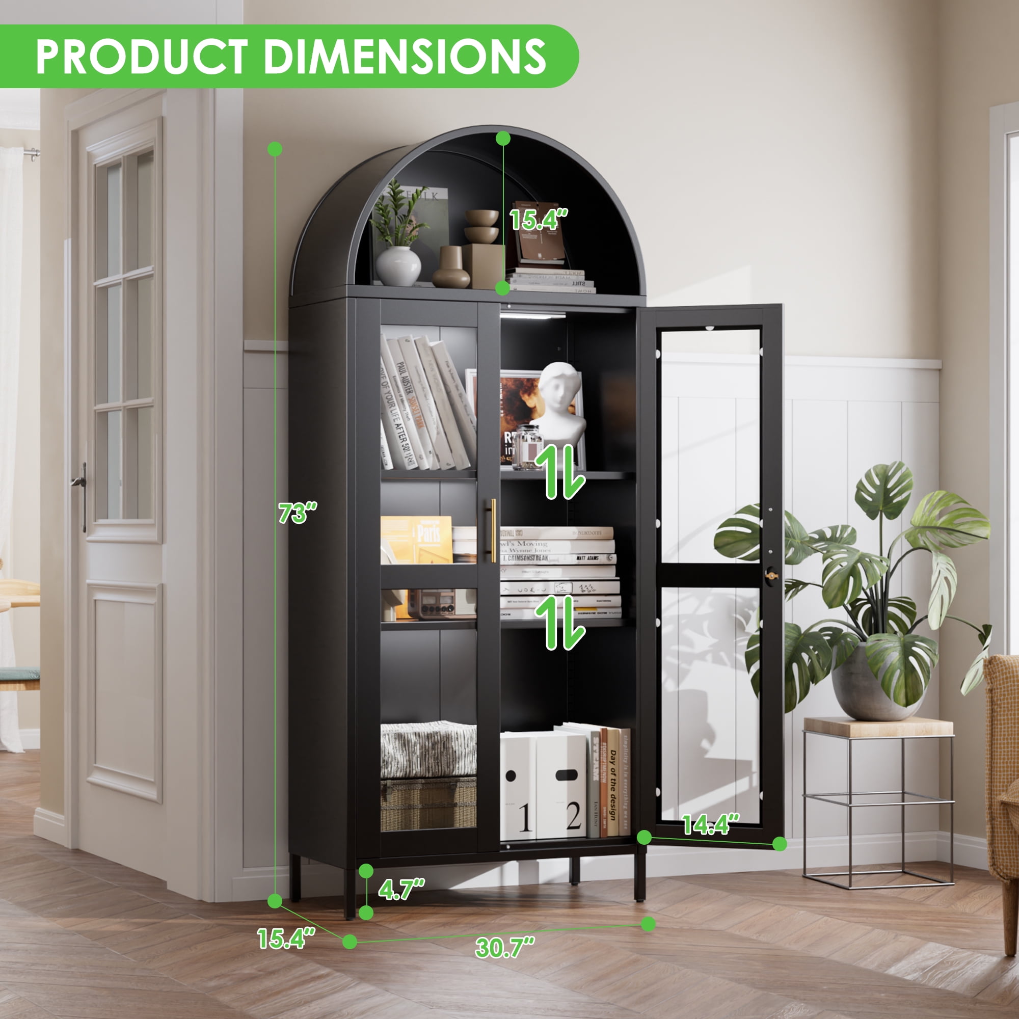 SUPEER Metal Arched Storage Display Cabinet with LED Strips and Glass Doors, Lockable Cabinet, Assembly Required, Black