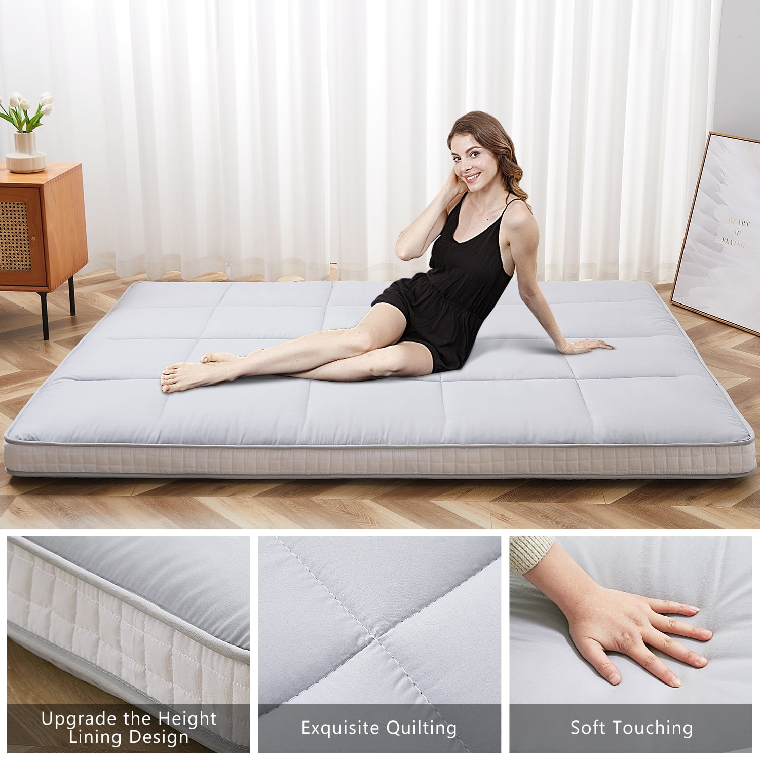 FICISOG Japanese Floor Futon Mattress, Adult Portable Camping Mattress Sleeping Pad, Gray, Full