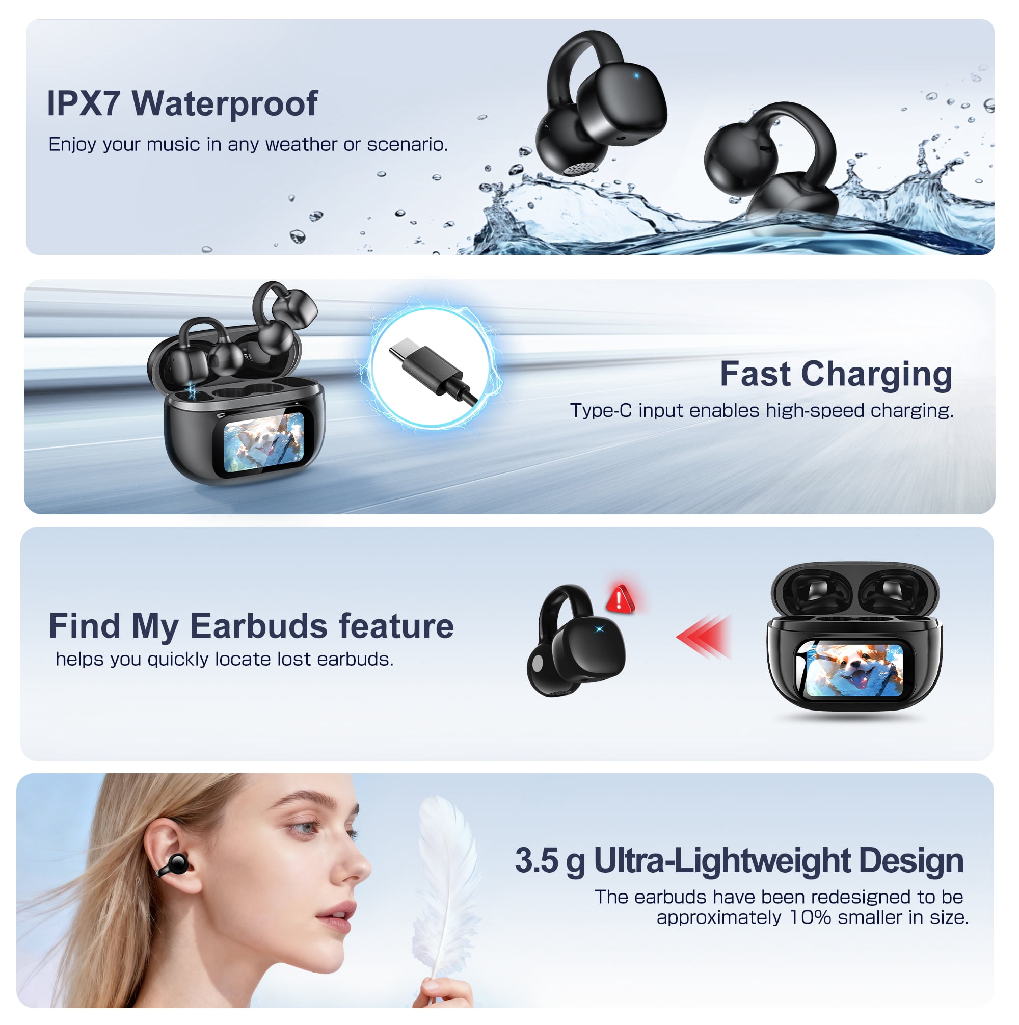 Open-Ear Headphones, Wireless Clip On Earbuds with Touch Screen Charging Case 60H Playtime, Bluetooth 6.0, IPX7 Waterproof, Lightweight Comfort, Stable Fit, Open-Ear Safety Design for Workout/Running